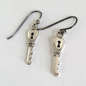 Vintage Barse Thai Sterling Silver Heart Key Drop Dangle Earrings